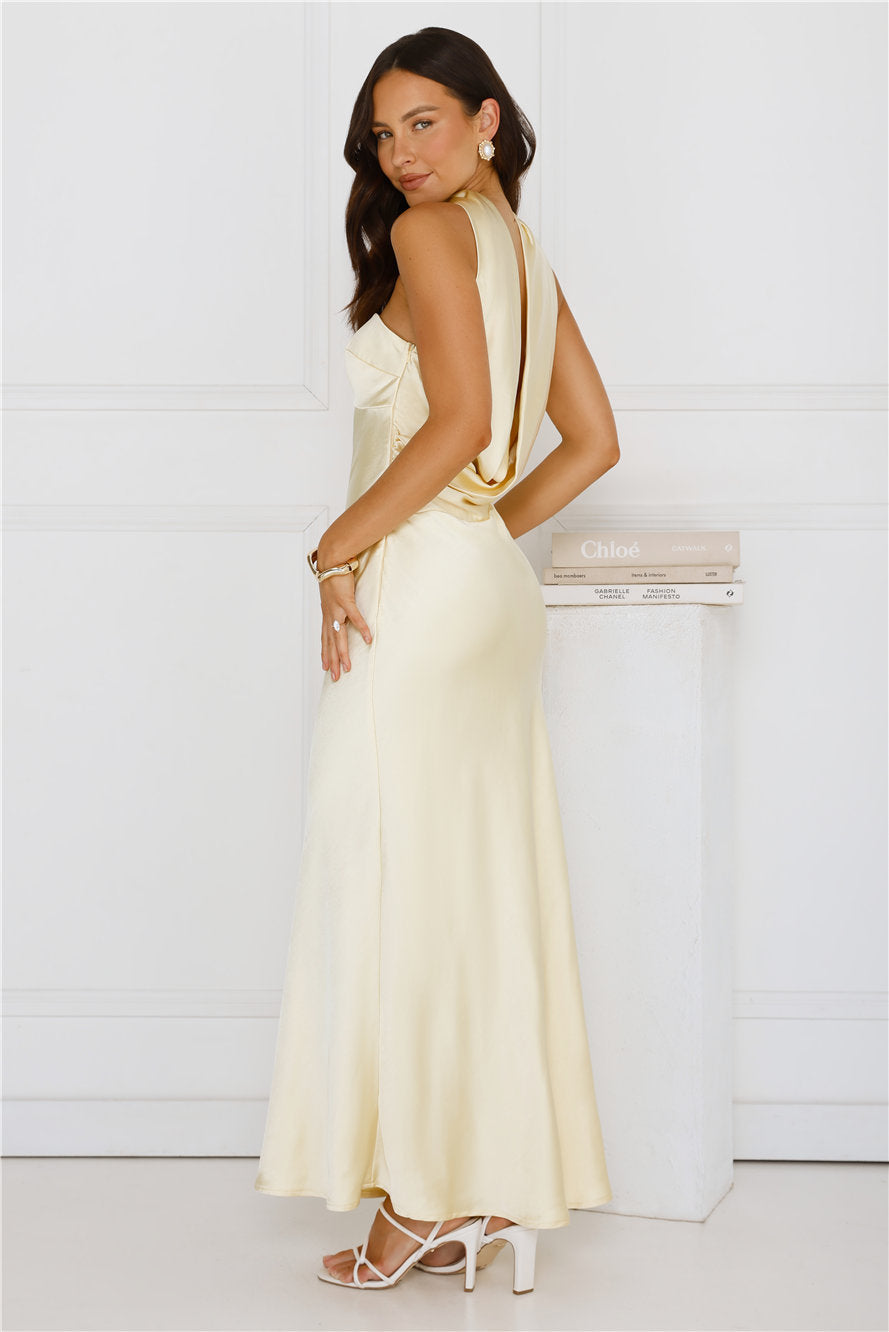 Side view yellow strapless satin dress