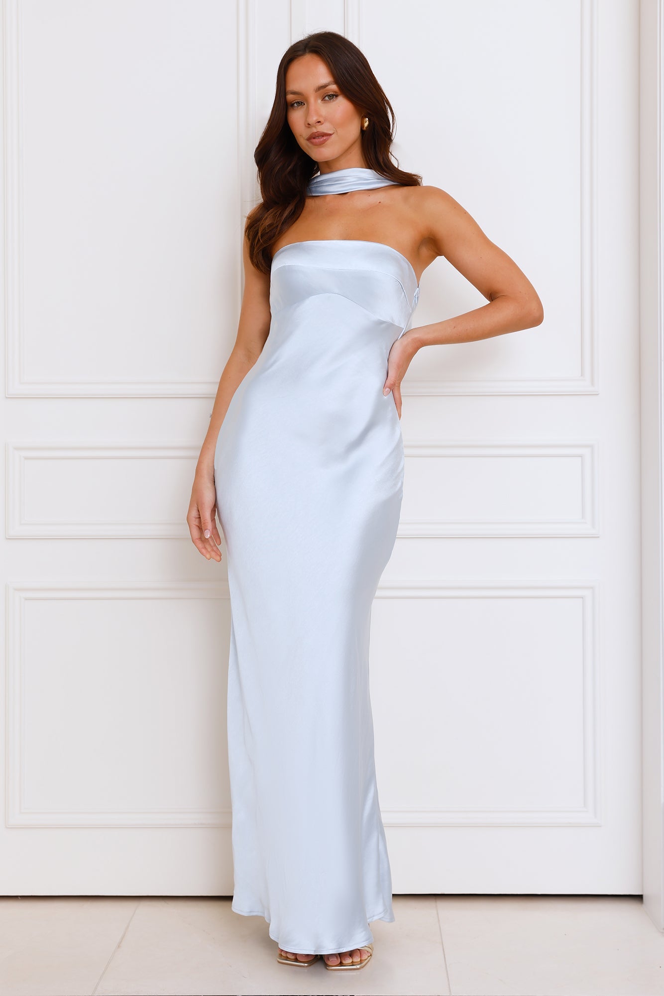 Blue maxi satin dress perfect for weddings or events