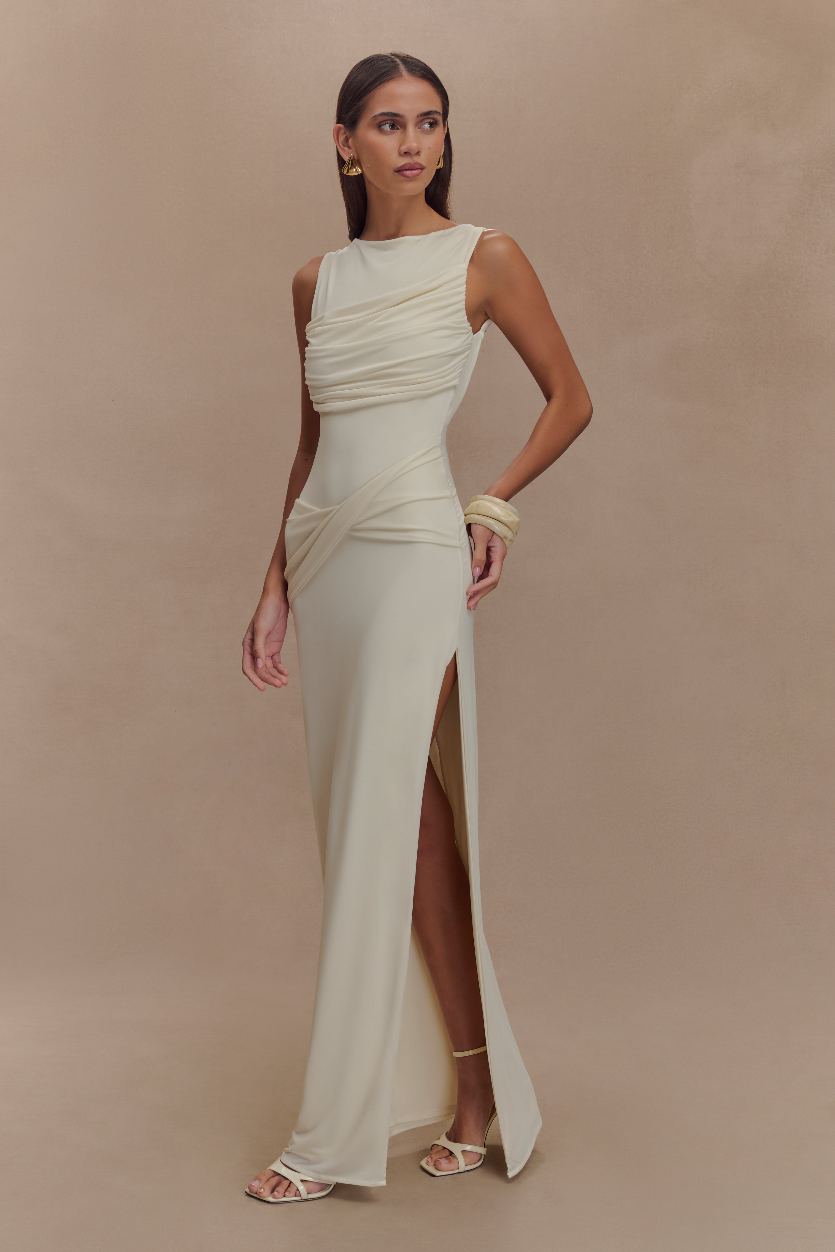 Butter yellow maxi dress with slit perfect for summer weddings or events UK