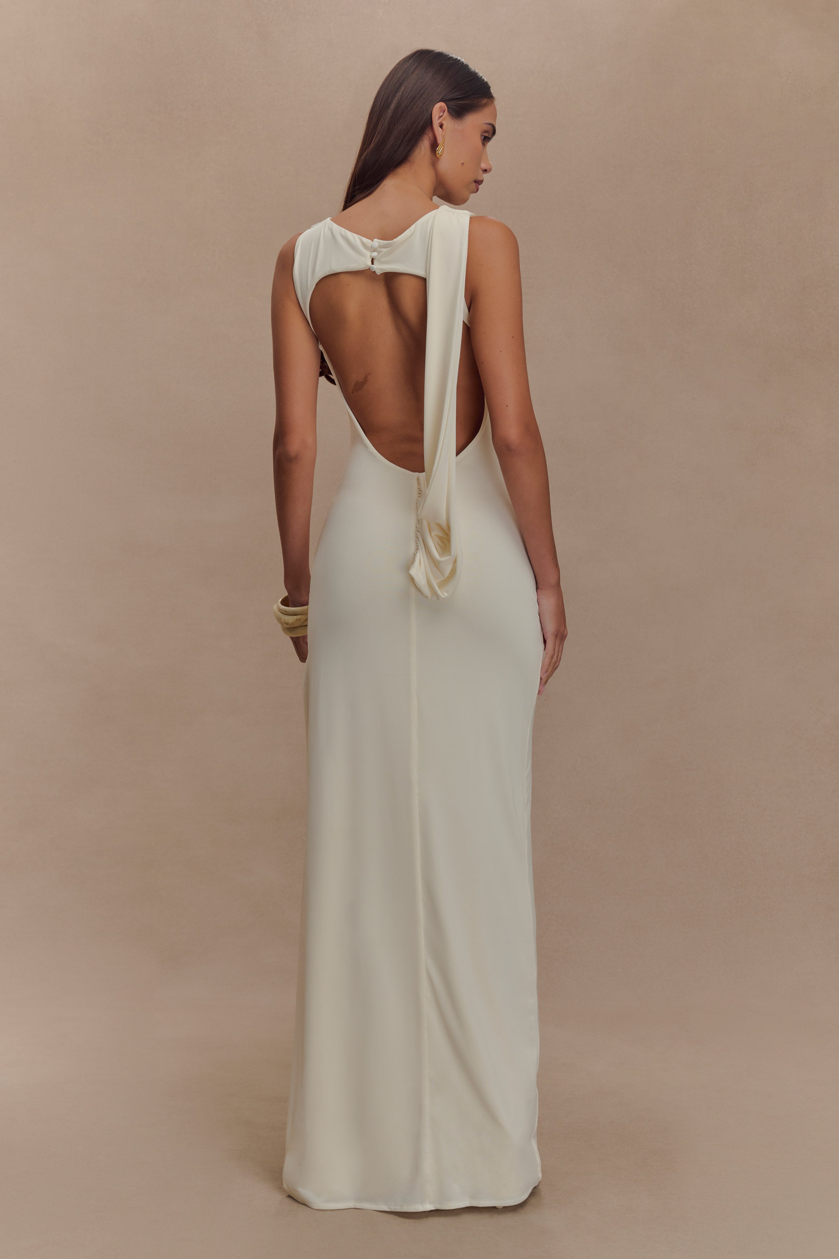 Back view yellow evening dress with slit