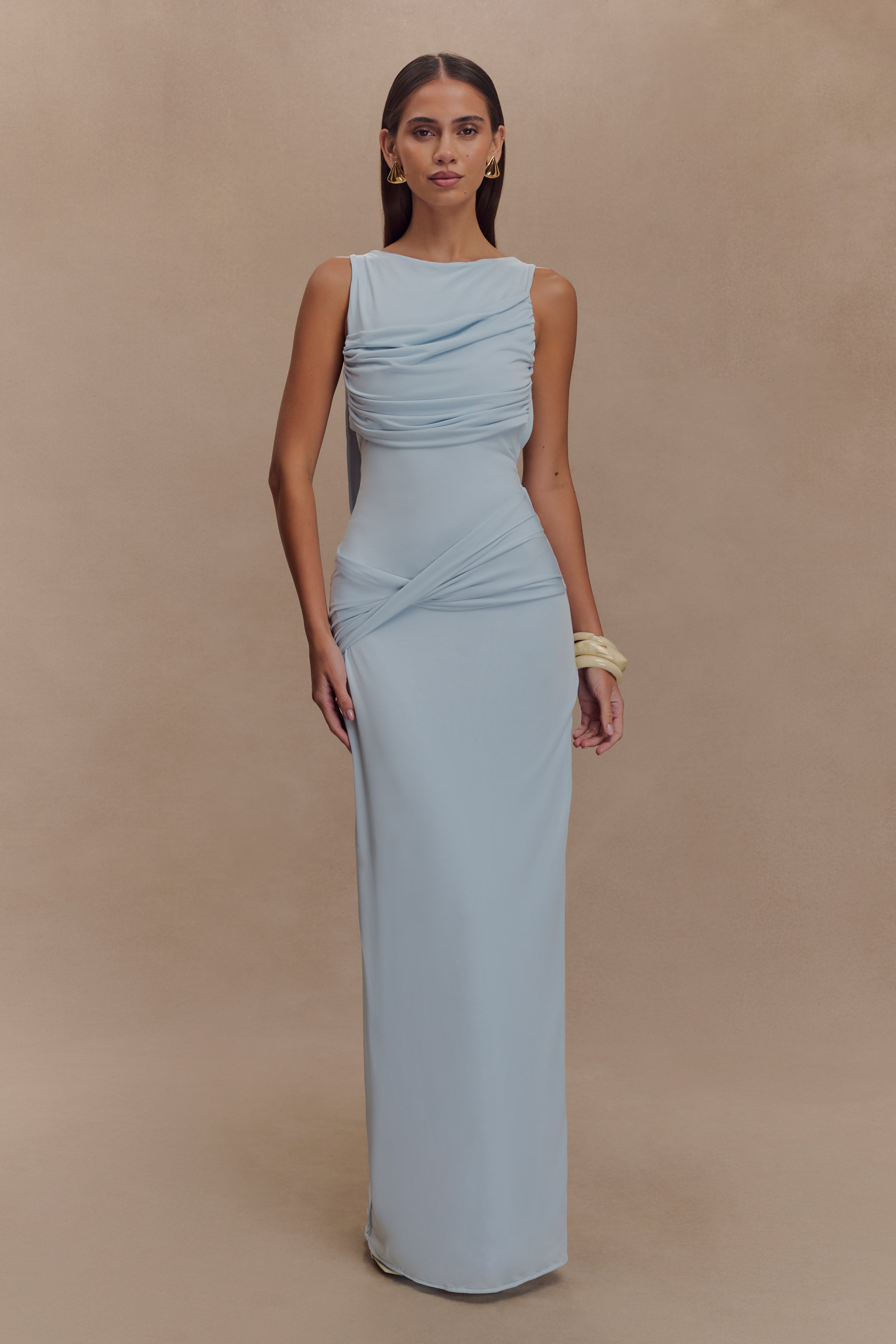 Elegant light blue evening dress wedding guest