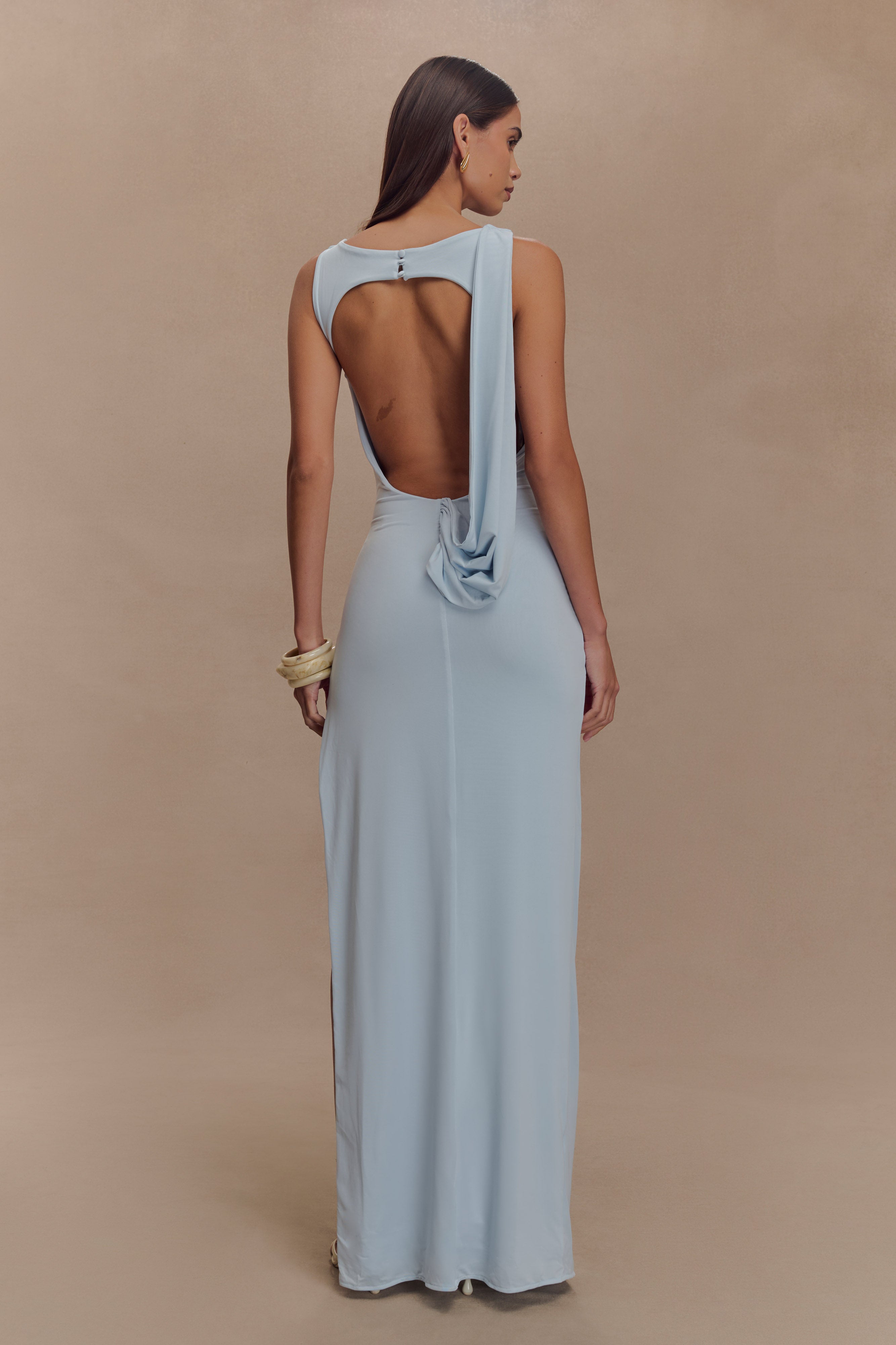 Back view elegant evening dress special occasion 