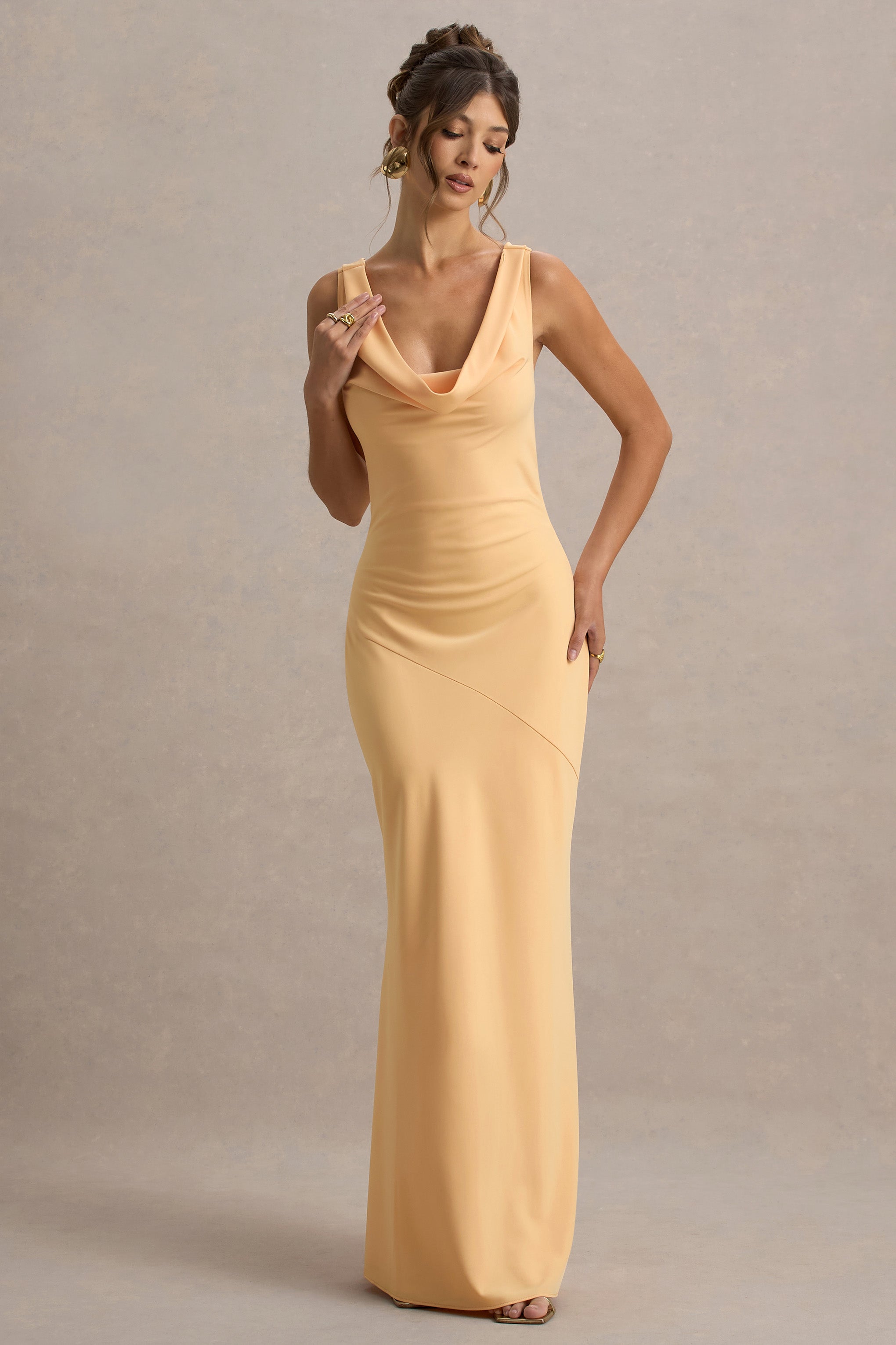 Satin yellow cowl neck maxi dress for weddings
