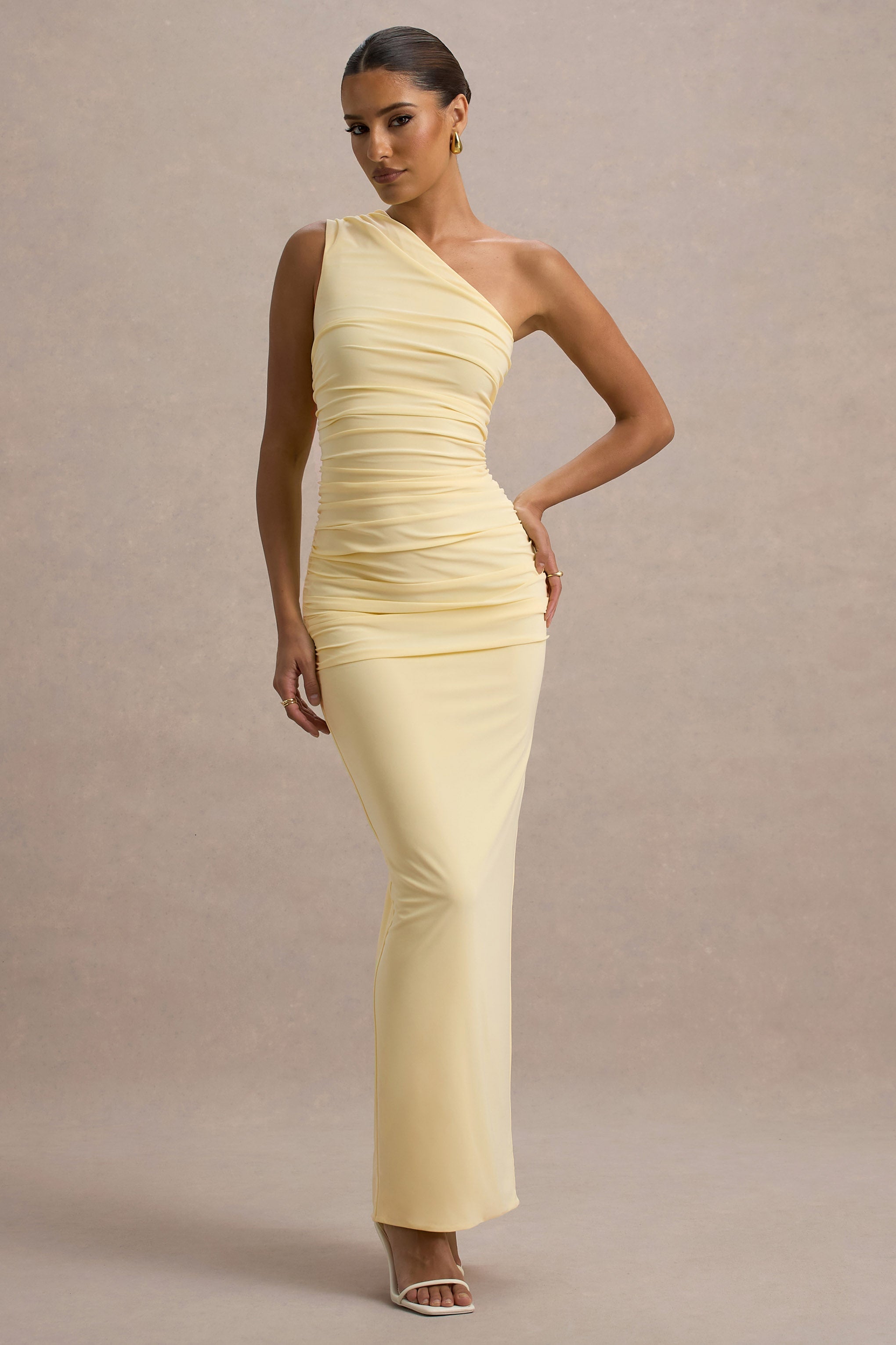 Bright yellow one-shoulder maxi dress with ruched details