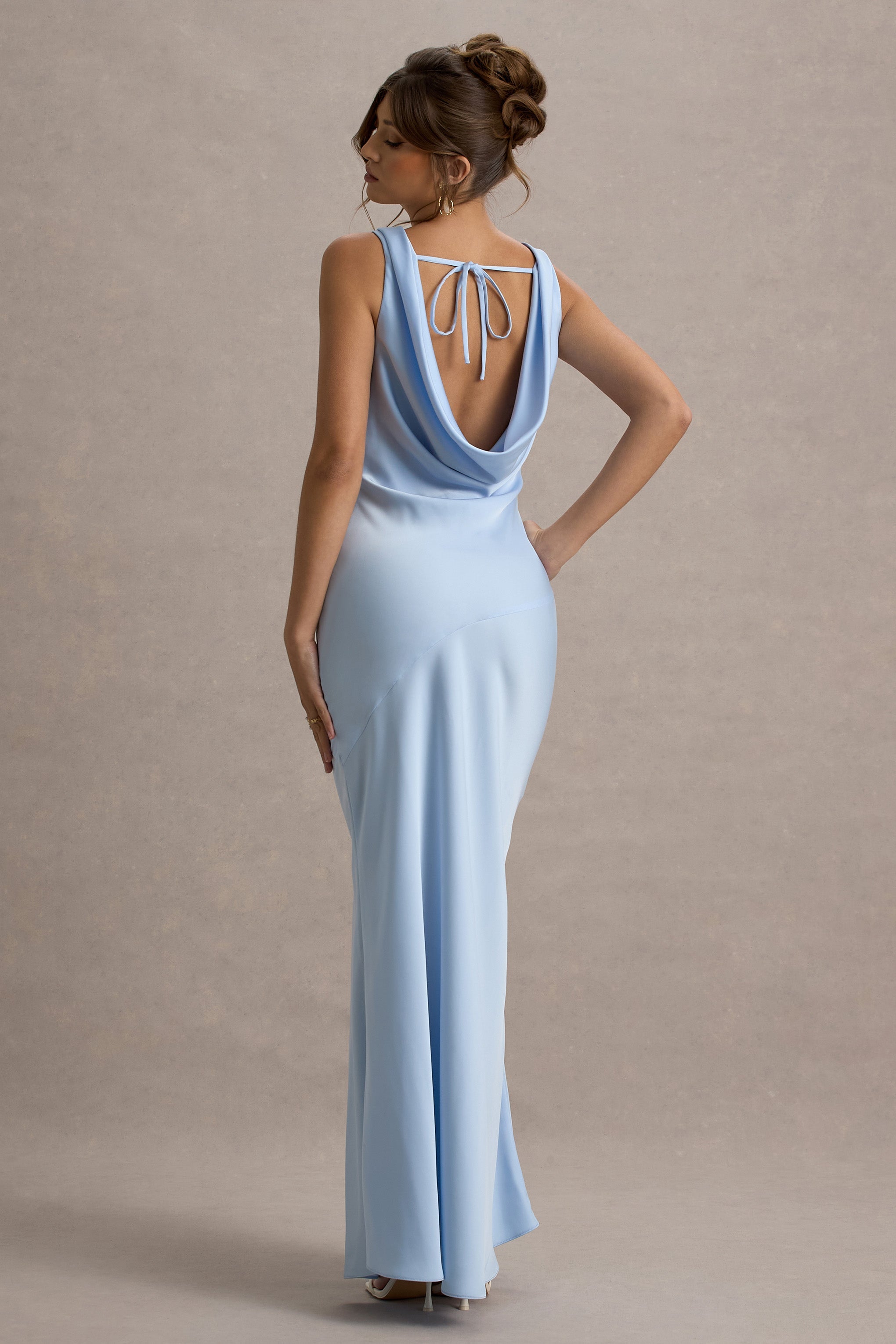 Back of sleek blue satin evening dress