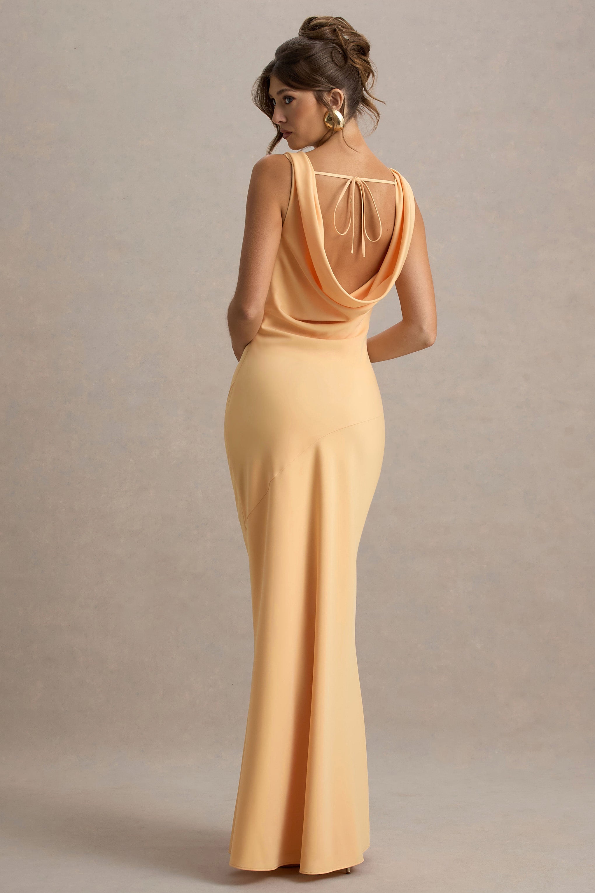 back view of yellow satin maxi dress 