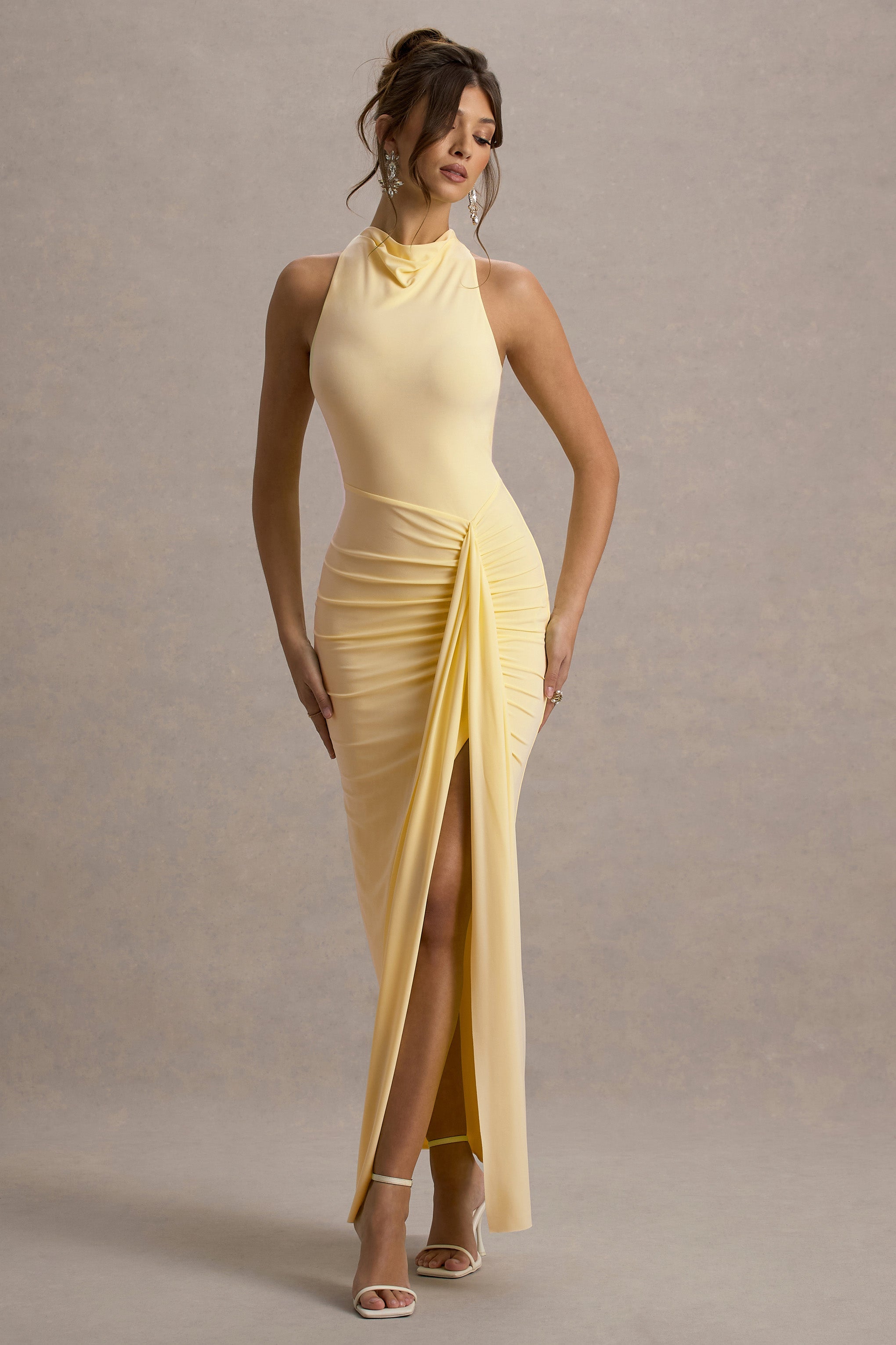 Yellow halter neck ruched maxi dress for weddings or parties
